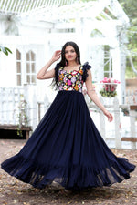 Thumbnail for Jyoti Fashion Women's Navy Blue Sequins Thread Embroidery Faux Blooming Anarkali Dress - Distacart