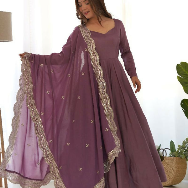 Joban Fashion Purple Kurta Set Chanderi Sequence Embroidery Work