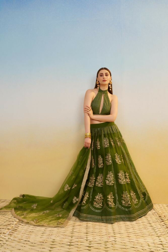 Aastha Fashion Mehandi Green Butterfly Net Tone To Tone Cotton Thread Work And Sequence Work Embroidery Wedding Wear Lehenga Choli - Distacart