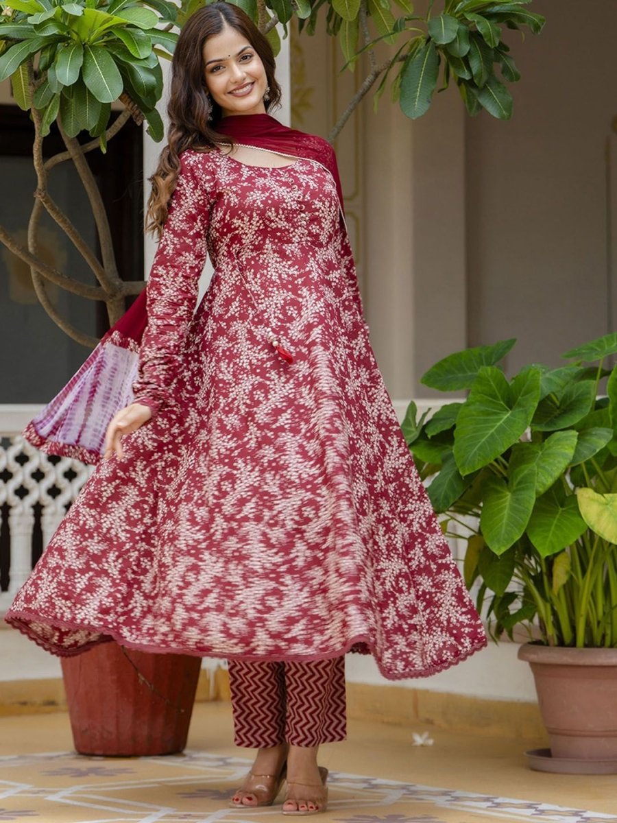 Anouk Red Floral Printed Empire Pure Cotton Anarkali Kurta With Pyjamas & Dupatta