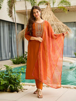 Thumbnail for The52 Rust Women's Gorgeous Embroidered work Rayon Fabric Straight Kurta, Pant and Dupatta Set