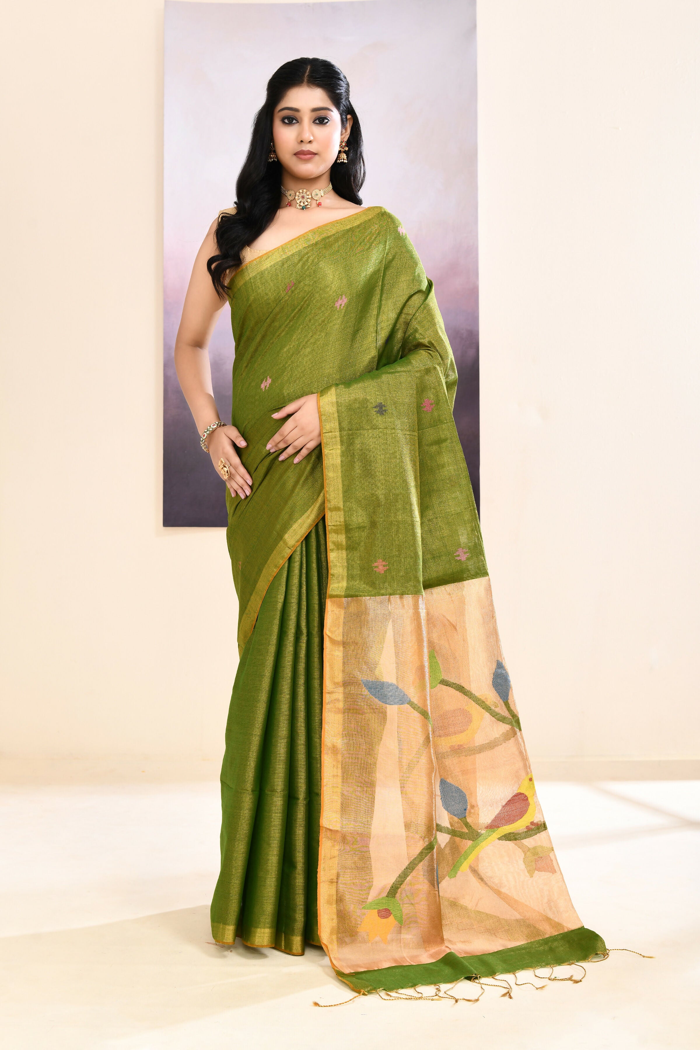 Piyari Fashion Women's Olive Embellished Tissue Jamdani Saree - Dista