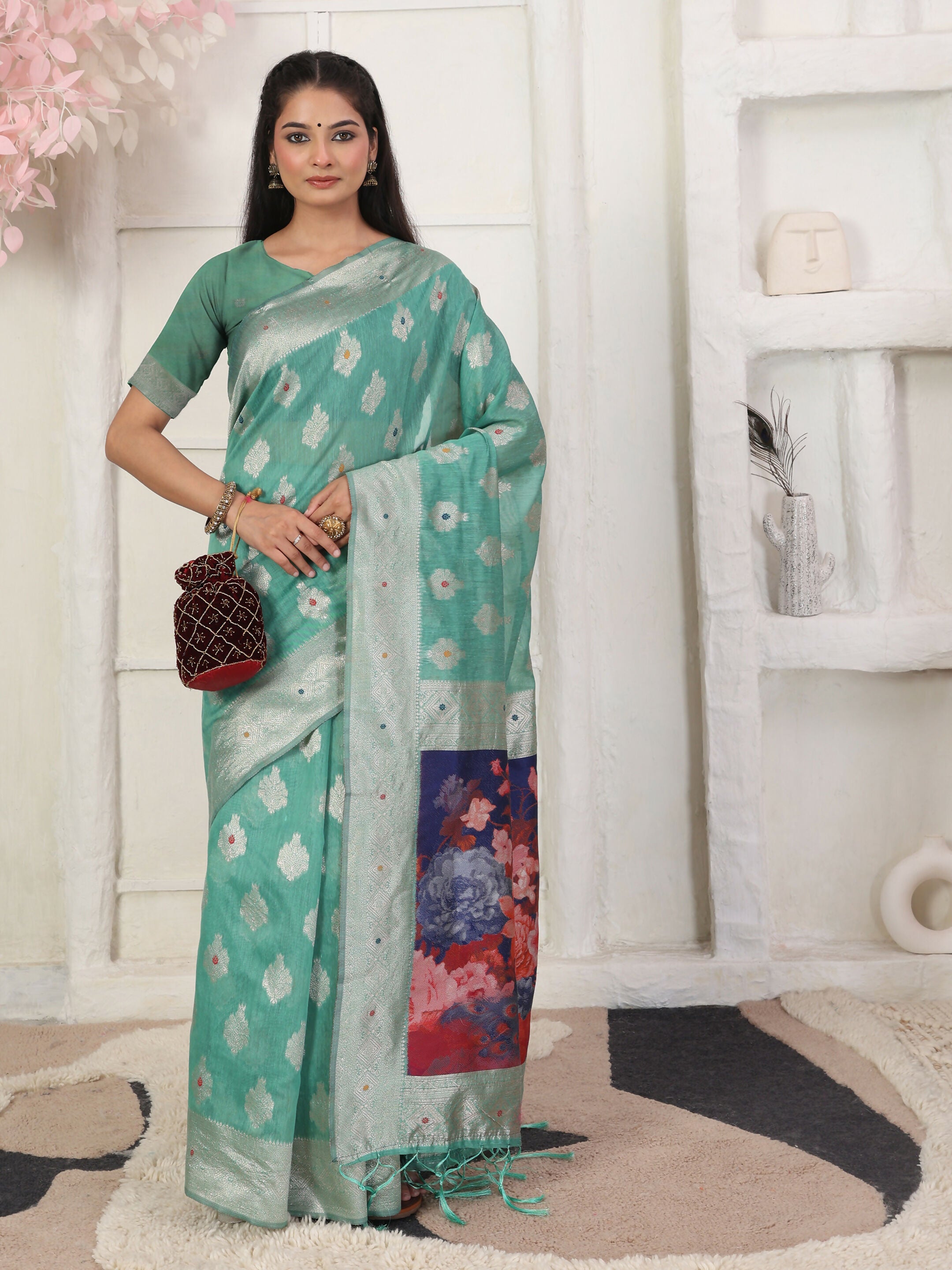 Astita Linen Cotton Rama Green Saree