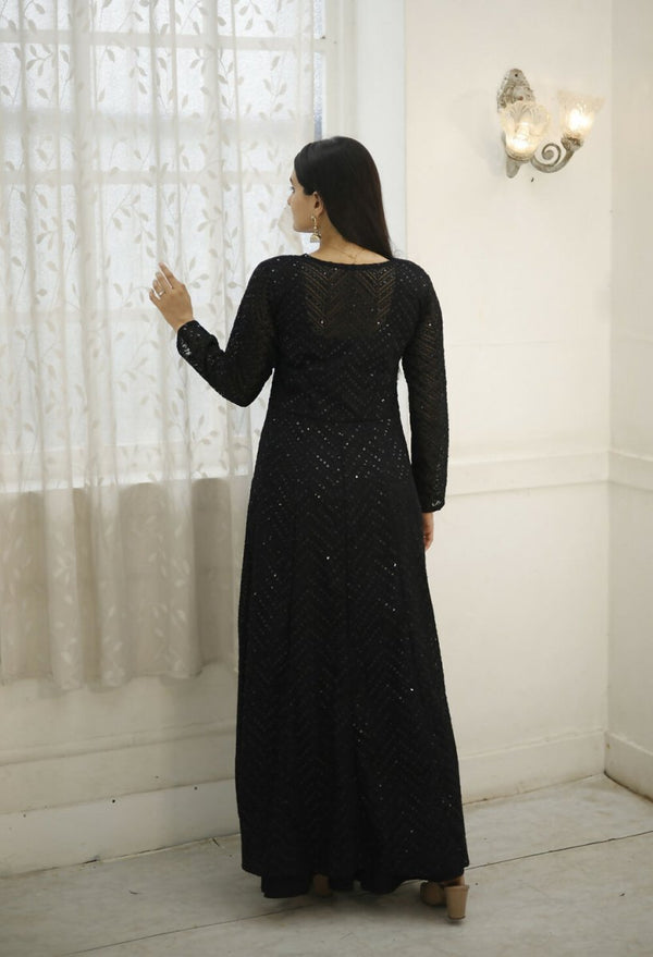 Aastha Fashion Women's Black Designer Rayon Gown with Crochet Embroidery Work Shrug - Distacart