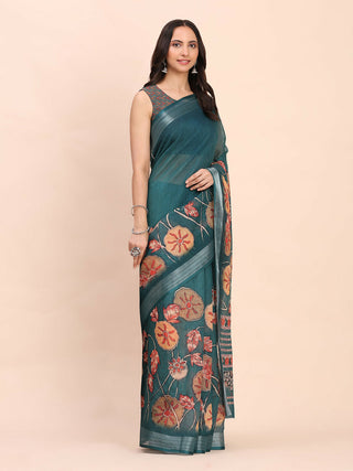 Astita Linen Cotton Teal Blue Saree