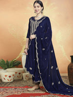 Thumbnail for Aastha Fashion Women's Navy Blue Velvet Cording with Resham Thread & Sequin Kurta with Trouser & Dupatta - Distacart