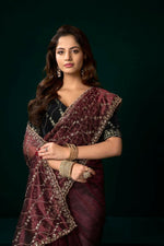 Thumbnail for Joban Fashion Maroon Net Party Wear Sarees - Distacart