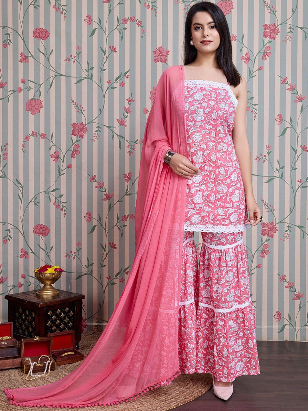 Ode by House of Pataudi Floral Printed Pure Cotton Straight Kurti with Sharara & Dupatta - Distacart