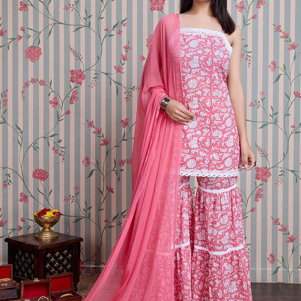 Ode by House of Pataudi Floral Printed Pure Cotton Straight Kurti with Sharara & Dupatta - Distacart