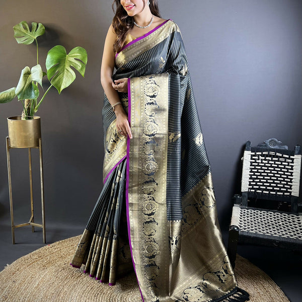 Joban Fashion Black Striped With Floral Motifs Soft Silk Leheriya Saree