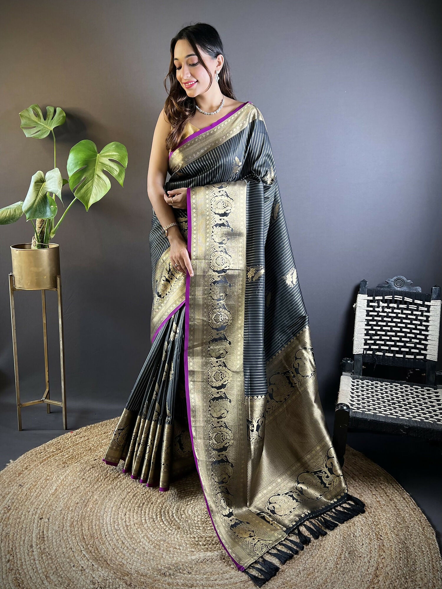 Joban Fashion Black Striped With Floral Motifs Soft Silk Leheriya Saree