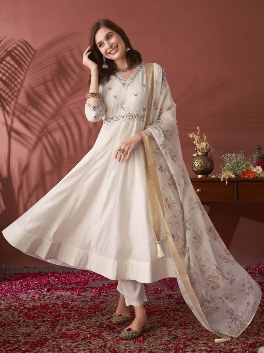 Anouk Floral Embroidered V-Neck Mirror Work Anarkali Kurta & Trousers With Dupatta