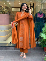 Thumbnail for The52 Orange Women's Gorgeous Chanderi Fabric Embroidered Work Straight Kurta Pant and Dupatta Set - Distacart