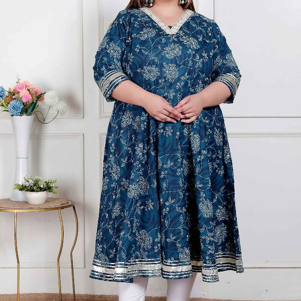 Miravan Plus Size Women'S Blue Cotton Embroidered Neck Anarkali Kurta - Distacart