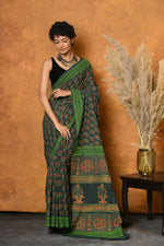 Thumbnail for Very Much Indian Handblock Printed Cotton Saree With Natural Dyes - Green - Distacart