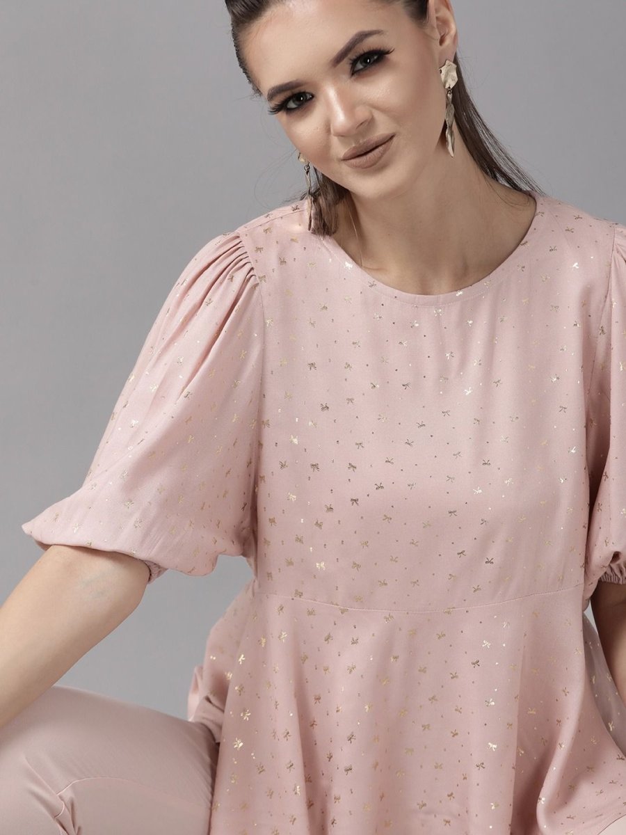 Ahalyaa Women Pink Rayon Gold Foil Print Tunic