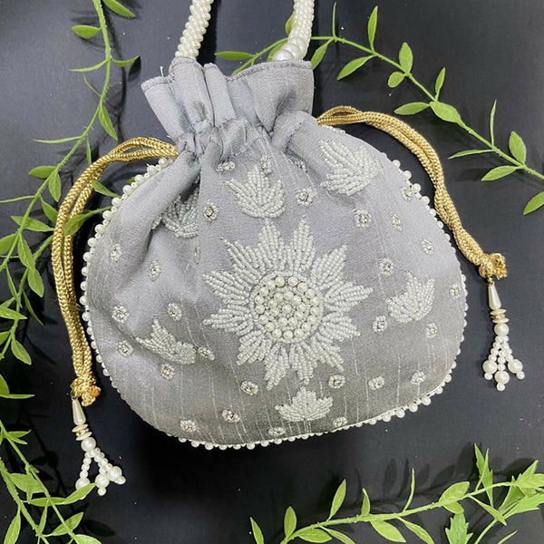 Joban Fashion Pearl Hand Work Potli Bag - Grey