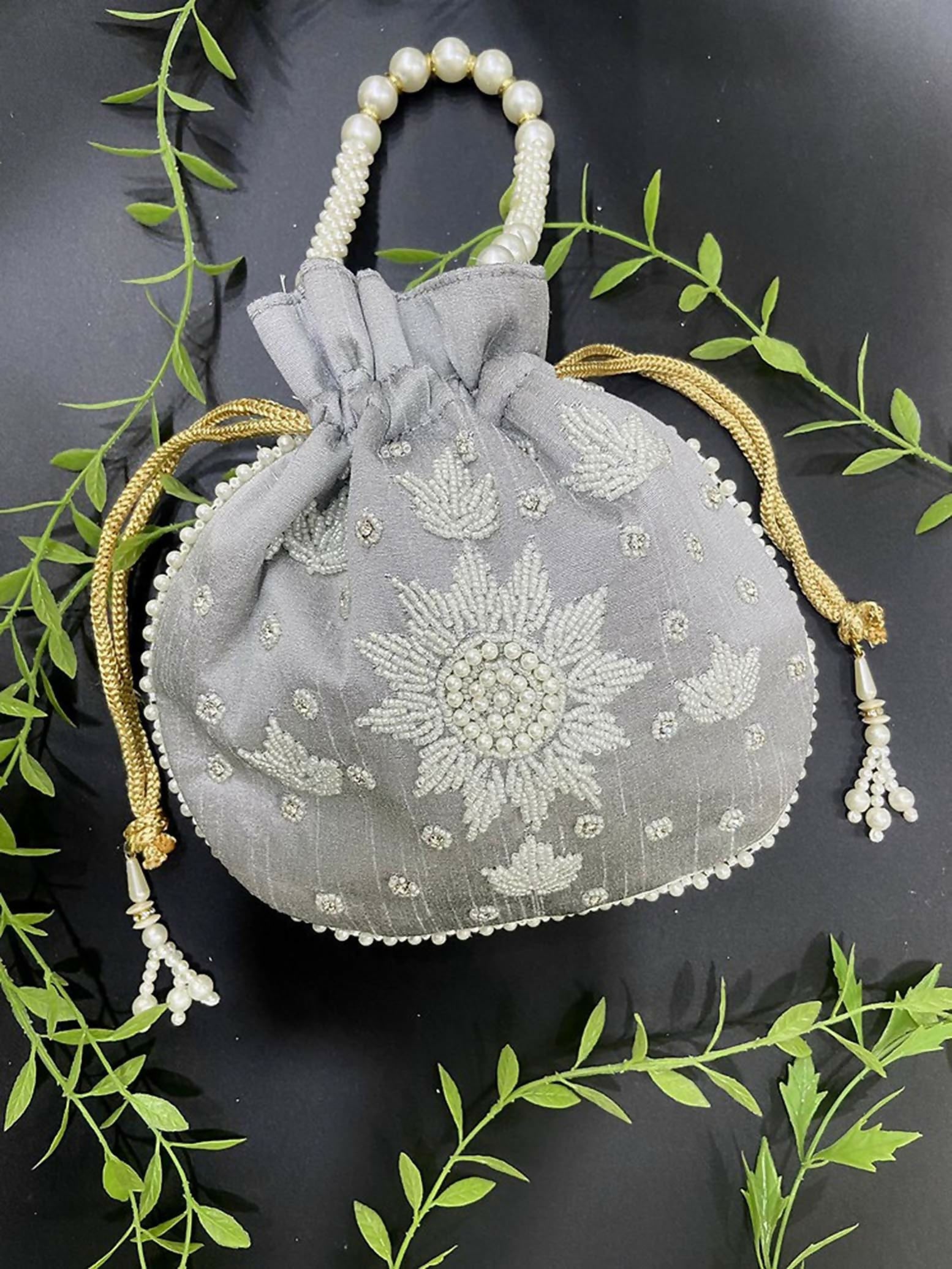 Joban Fashion Pearl Hand Work Potli Bag - Grey - Dista