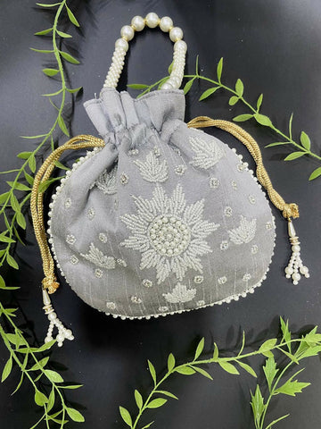 Joban Fashion Pearl Hand Work Potli Bag - Grey - Dista