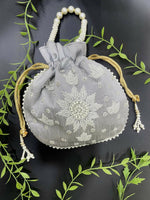 Thumbnail for Joban Fashion Pearl Hand Work Potli Bag - Grey