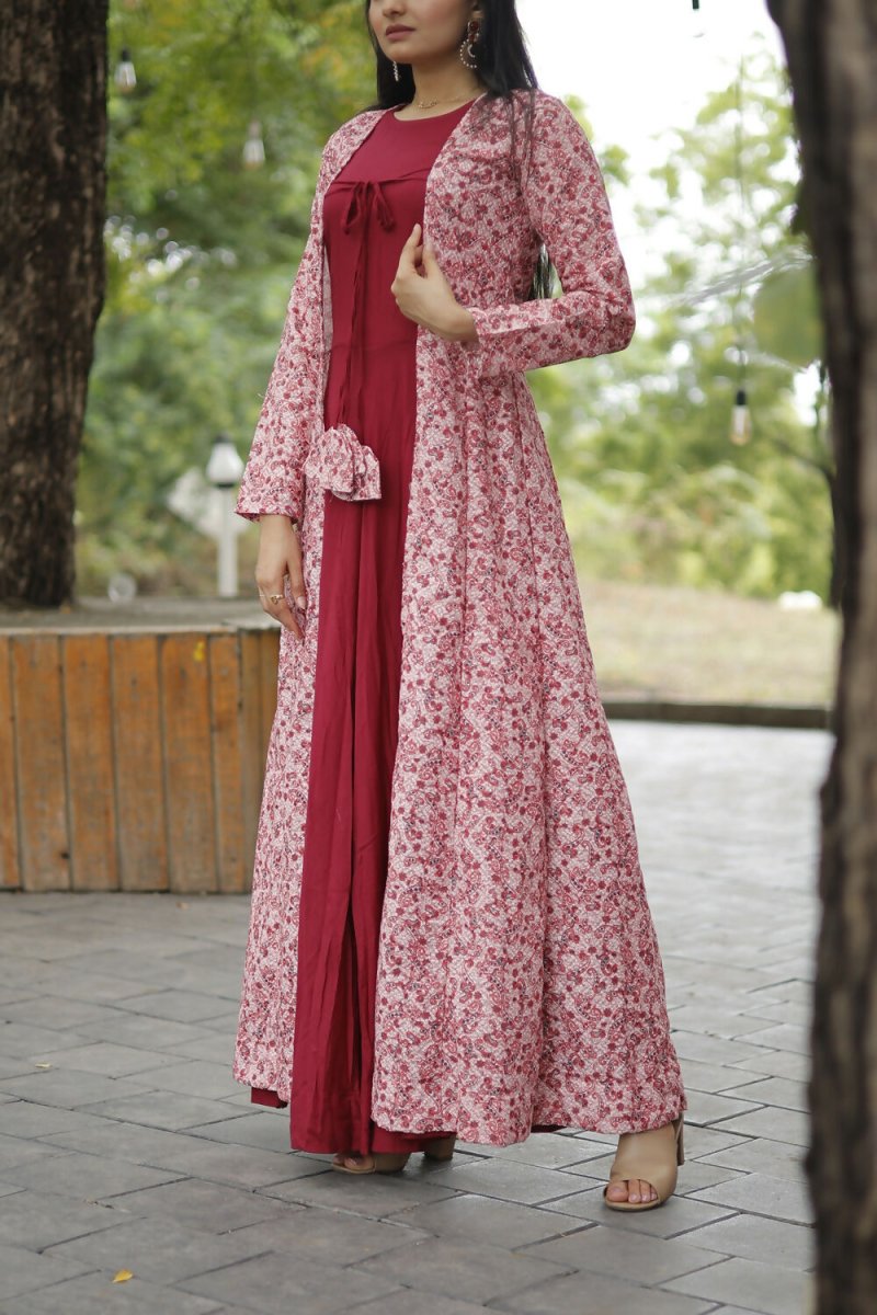 Aastha Fashion Women's Maroon Designer Rayon Gown with Crochet Embroidery Work Shrug - Distacart