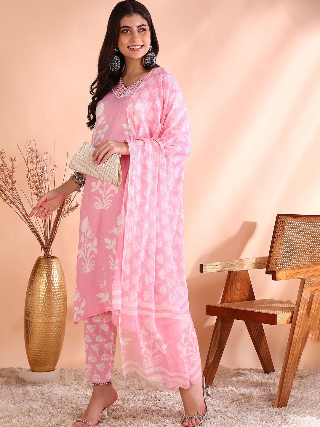 Ode by House of Pataudi Printed Thread Work Pure Cotton Kurta With Trousers & Dupatta - Distacart