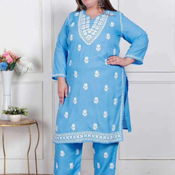 Miravan Womens Plus Size Blue Embroidered Kurta With Palazzo - Distacart