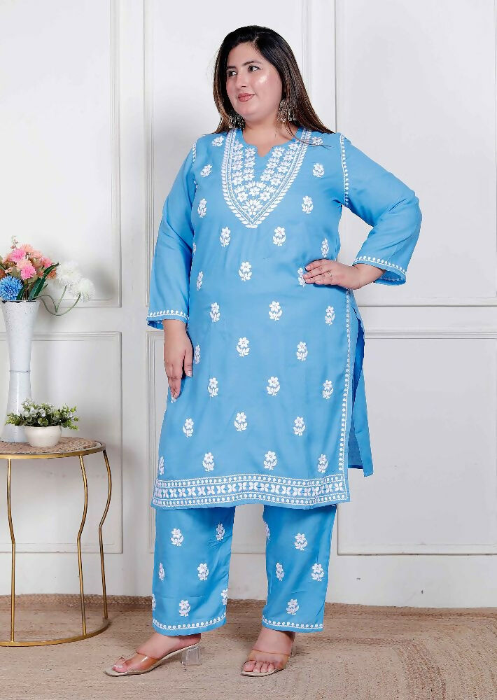 Miravan Womens Plus Size Blue Embroidered Kurta With Palazzo - Distacart