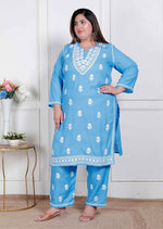 Thumbnail for Miravan Womens Plus Size Blue Embroidered Kurta With Palazzo - Distacart