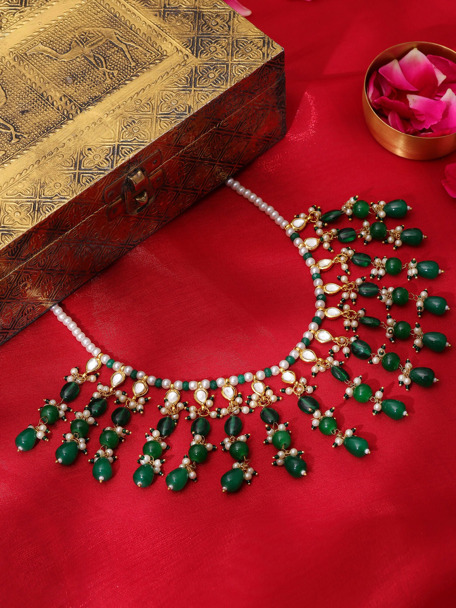 Ruby Raang Green Kundan And Emerald Collar Necklace - Dista