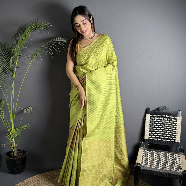 Joban Fashion Light Green Banarasi Soft Lichi Silk Checks & Woven Saree
