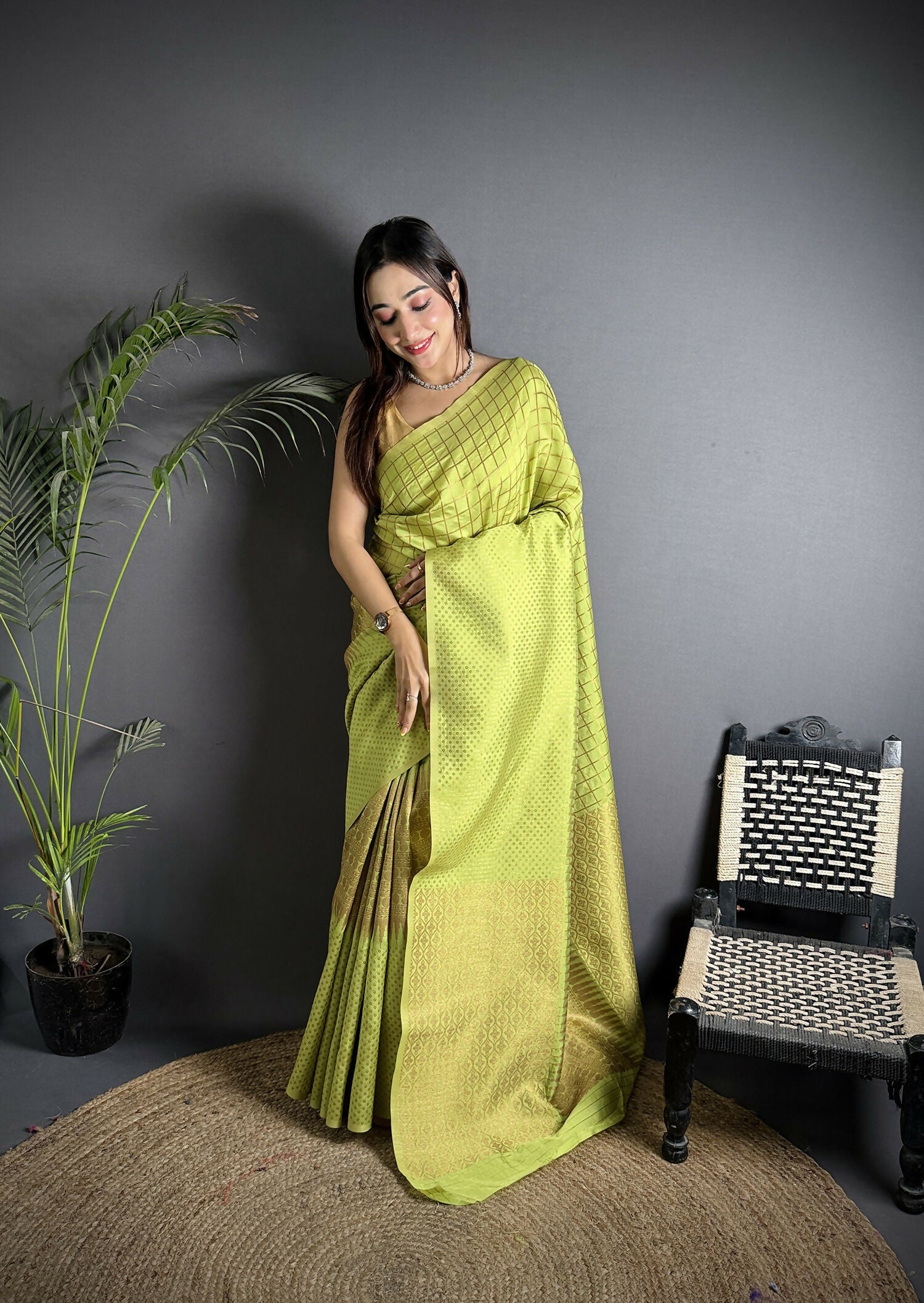 Joban Fashion Light Green Banarasi Soft Lichi Silk Checks & Woven Saree