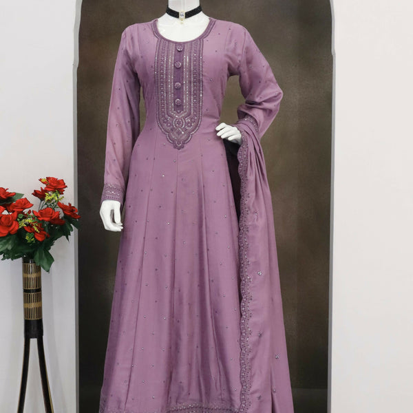 Teeya Creation Onion Color Heavy Vichitra Silk Embroidery Work Long Gown - Distacart