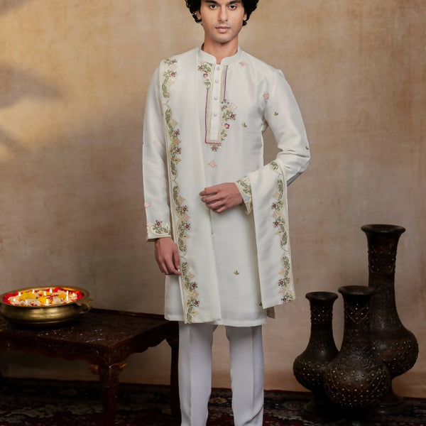 Falling Raw Silk Off White Geometric Symphony Kurta Set By Hilo Design