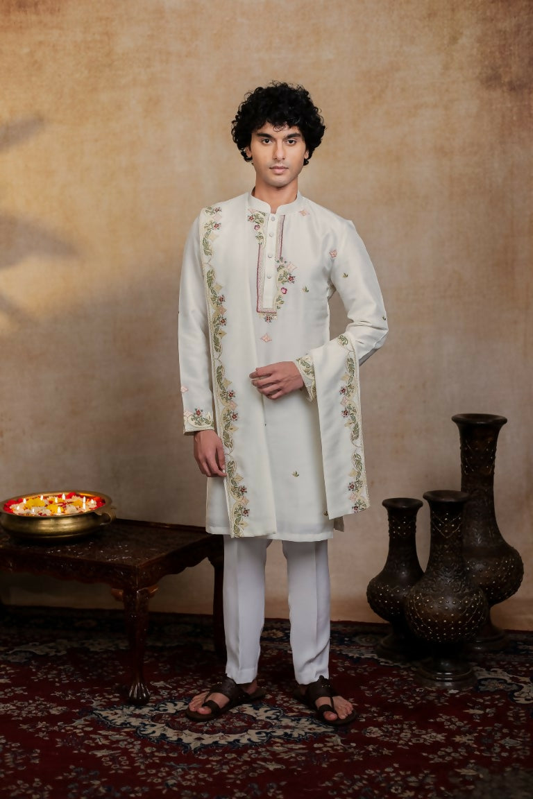 Falling Raw Silk Off White Geometric Symphony Kurta Set By Hilo Design - Distacart