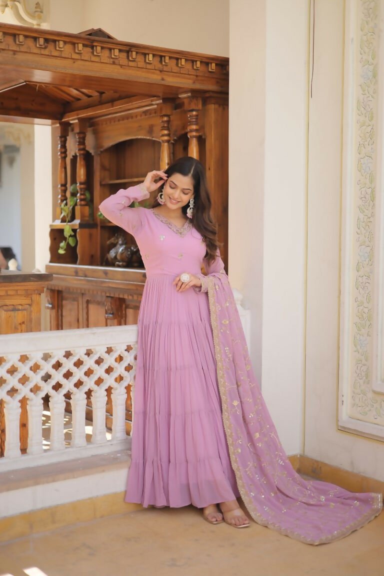 Aastha Fashion Women's Lavender Faux Georgette Sequins Embroidered Anarkali Dress with Dupatta - Distacart