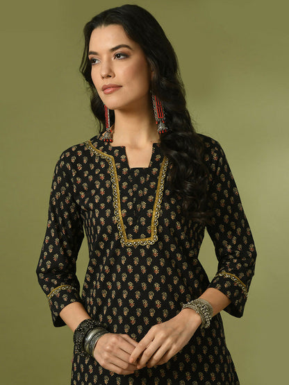 Myshka Women's Black Printed Cotton Straight Party Kurta Set - Distacart