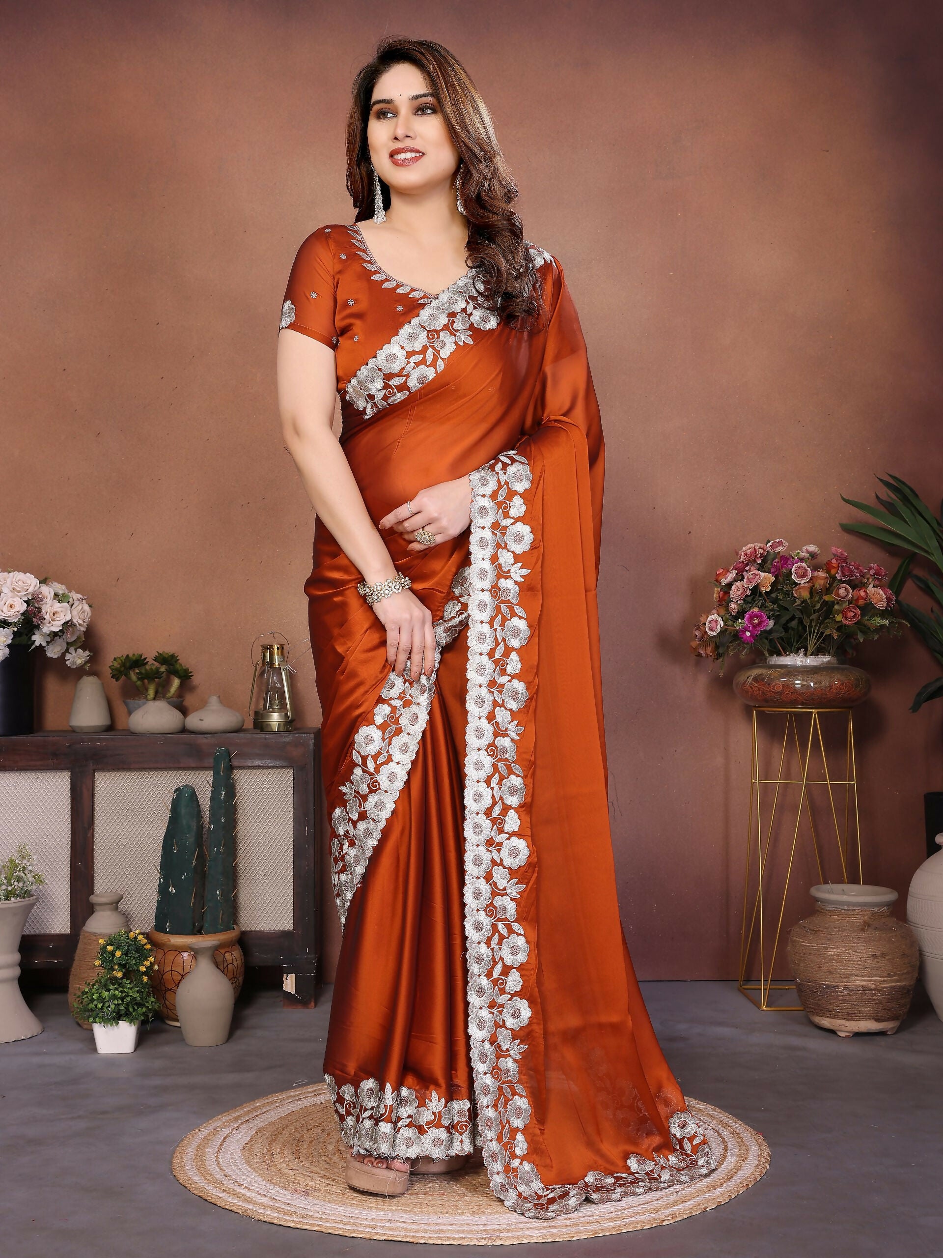 Teeya Creation New Trendy Stylish Party Wear Silk Saree-Orange - Dista