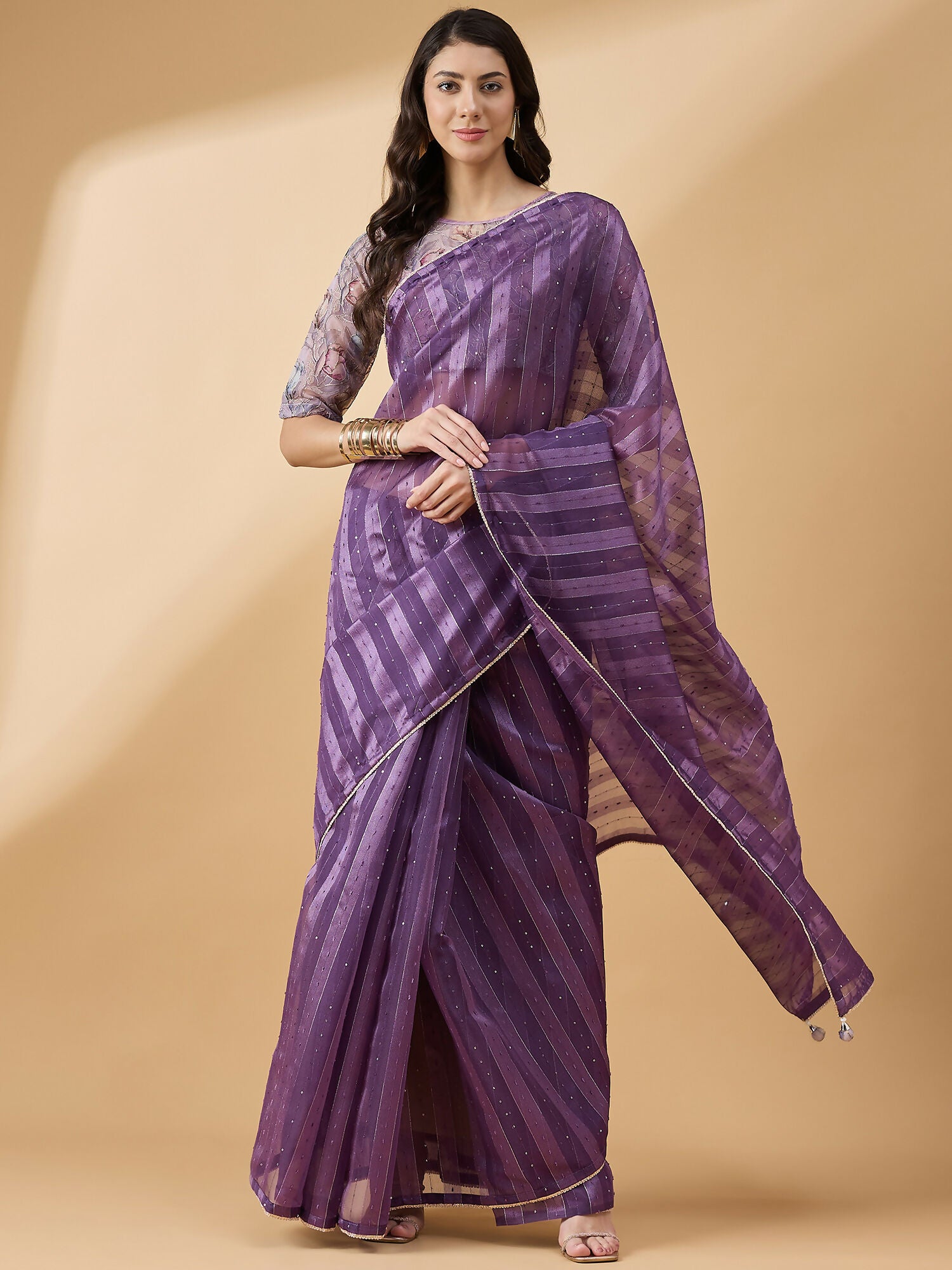 Purple Cotton Blend Sequence Work Saree with Stitched Blouse - Dharavi - Distacart