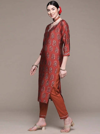 Anubhutee Maroon Ethnic Motifs Printed Thread Work Pure Cotton Kurta with Trousers & With Dupatta - Distacart