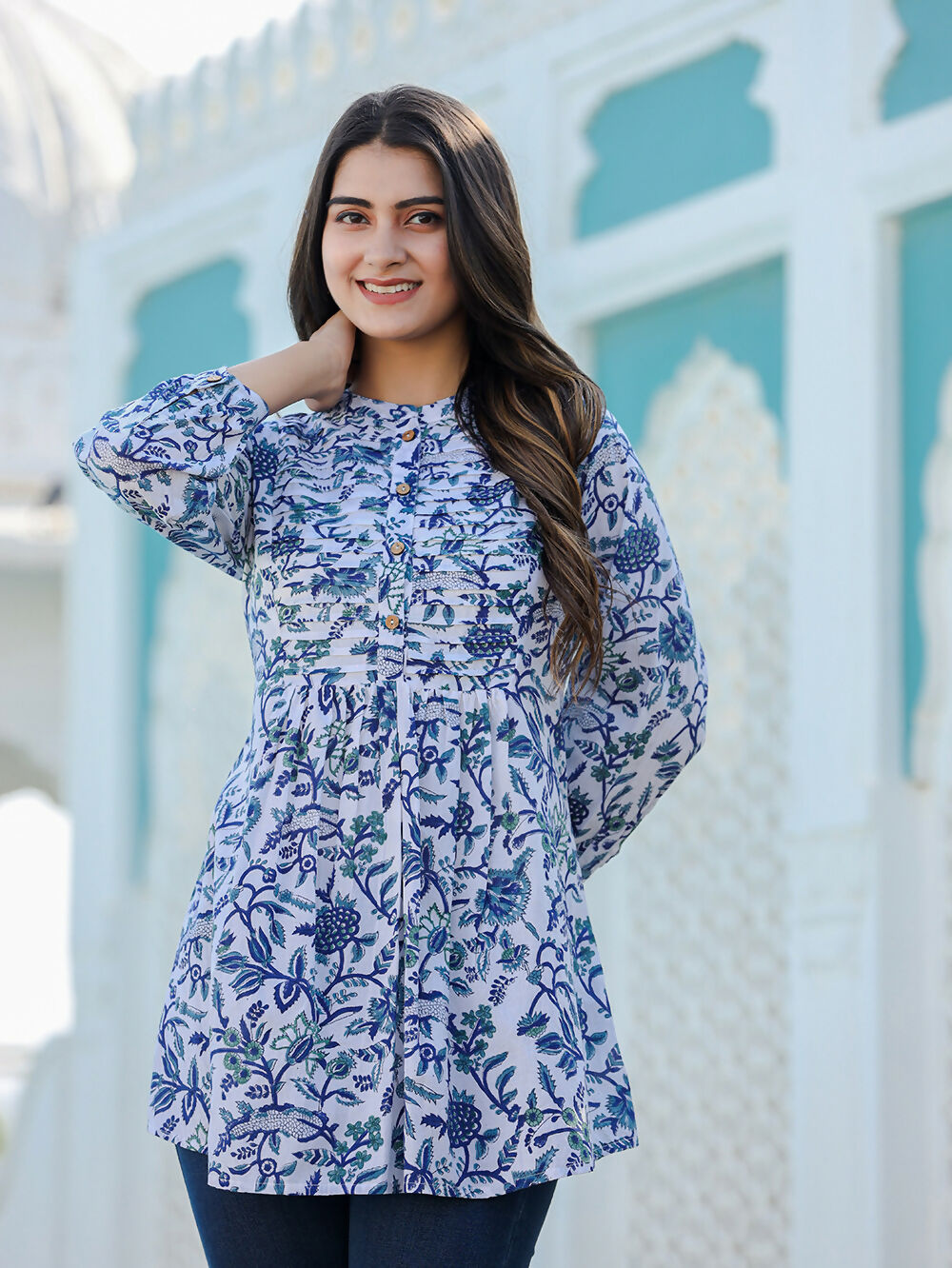 Kaajh Women's White-Blue Hand Block Printed Cotton Top - Distacart