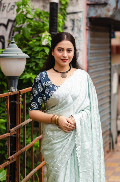Blue Poly Silk Ethnic Motifs Saree with Unstitched Blouse - A2M - Distacart