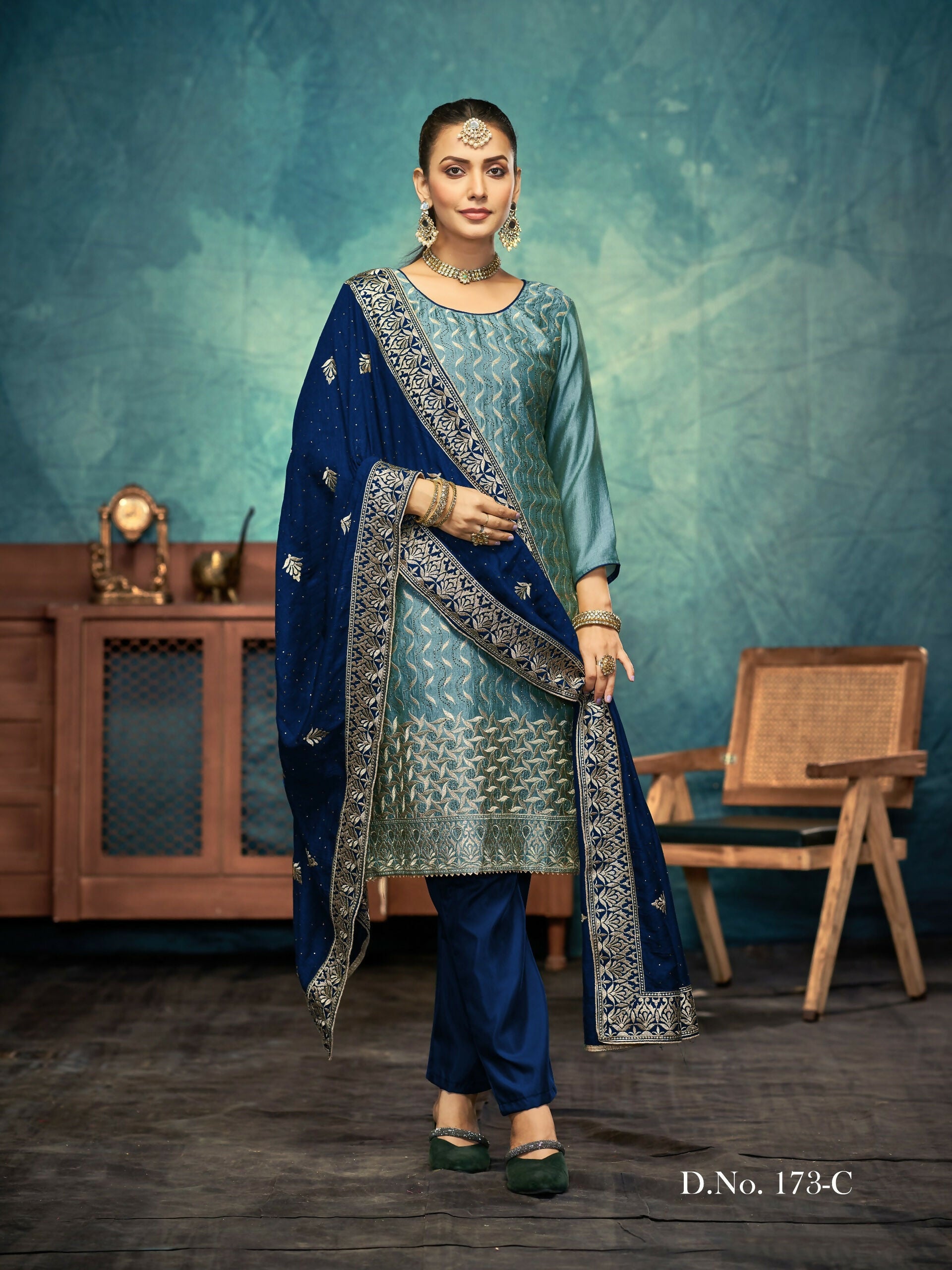 Anaita Light Teal Premium Embroidered with servos waki diamond Vichitra Silk Stitched Salwar Suit - Distacart