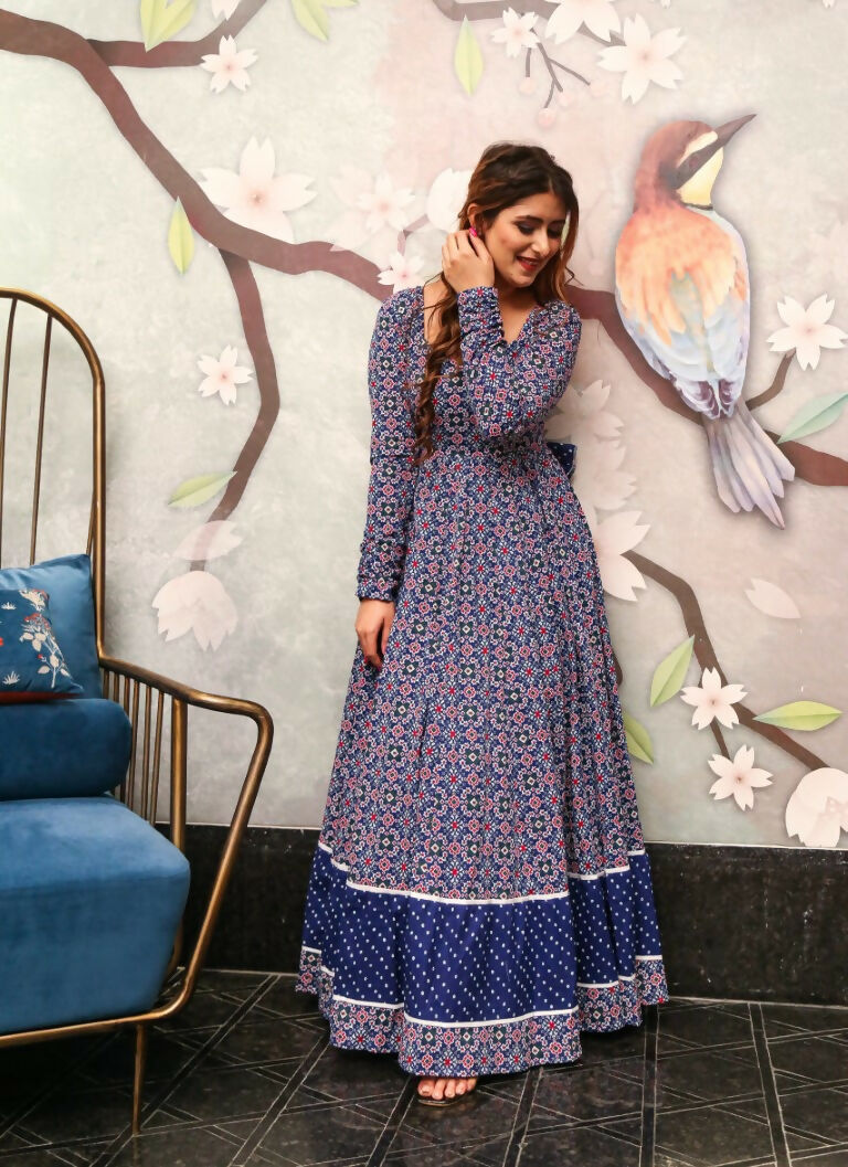 Jyoti Fashion Women's Navy Blue Heavy Digital Printed Cotton Silk Anarkali Dress - Distacart