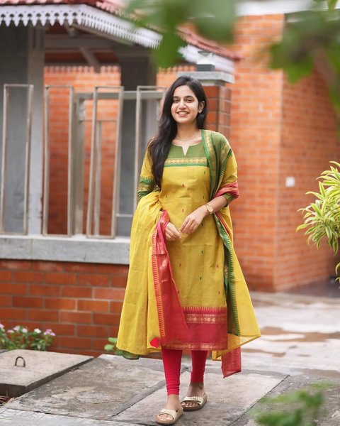 Divine Drape Women's Cotton Printed Straight Kurta With Dupatta - Yellow