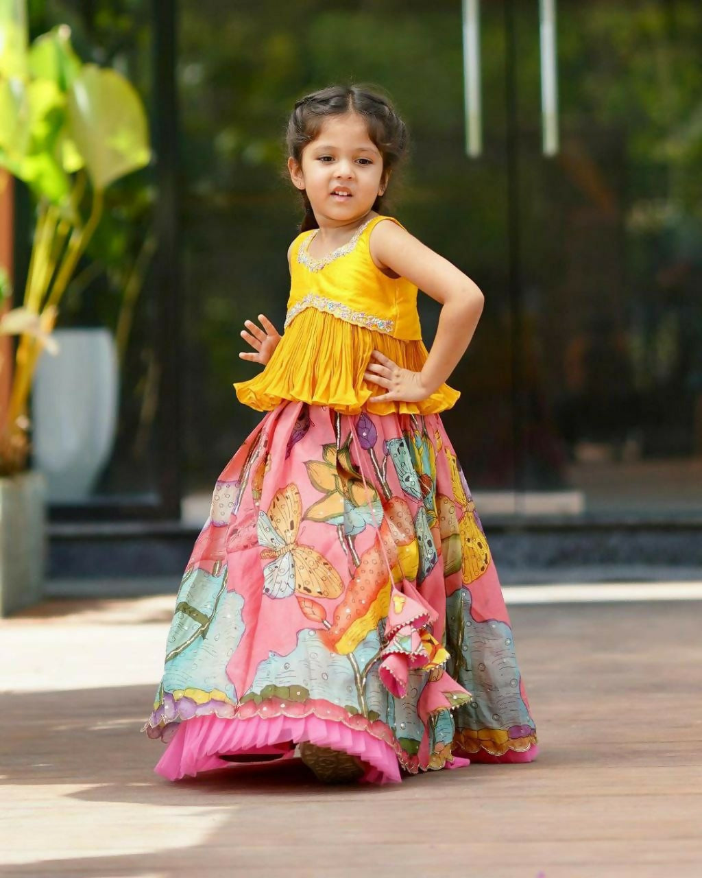 Jyoti Fashion Classy Pink Chinon Silk Printed with Embroidered Kids Lehenga Choli Set - Distacart