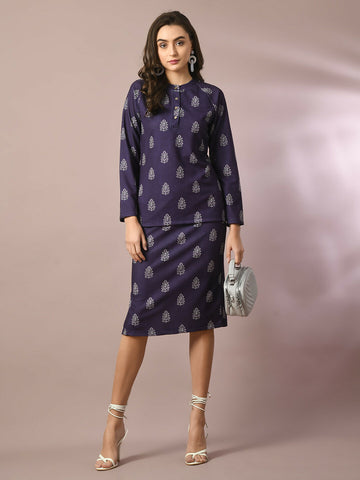 Myshka Women's Navy Blue Printed Knee Length Party Embellished Skirts - Distacart