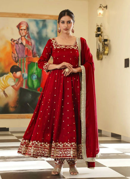 Teeya Creation Red Color Pure Vichitra Silk Embroidery Work Party Wear Gown