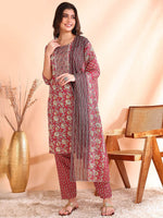 Thumbnail for Ode by House of Pataudi Printed Mirror Work Pure Cotton Kurta With Trousers & Dupatta - Distacart