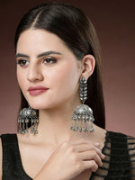 Thumbnail for NVR Women's Silver Plated Mirror Work Oxidised Contemporary Jhumka Earrings - Distacart